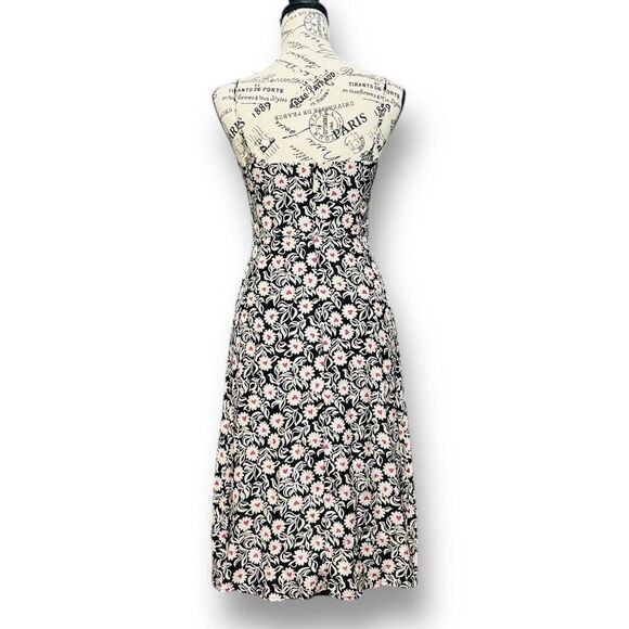 HVN 2 Black Silk Floral Atlanta Midi Dress Fit Flare Square Neck Strappy Summer - Picture 9 of 12